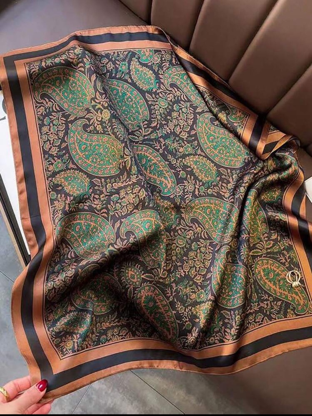 Blue-Green & Brown Classic Paisley Square Scarf | 27.5” - Picture 6 of 11